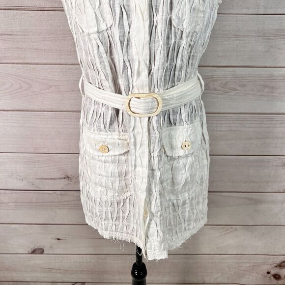 100% Capri Mini Dress Sleeveless Belted Raw Hem Linen - Picture 6 of 11